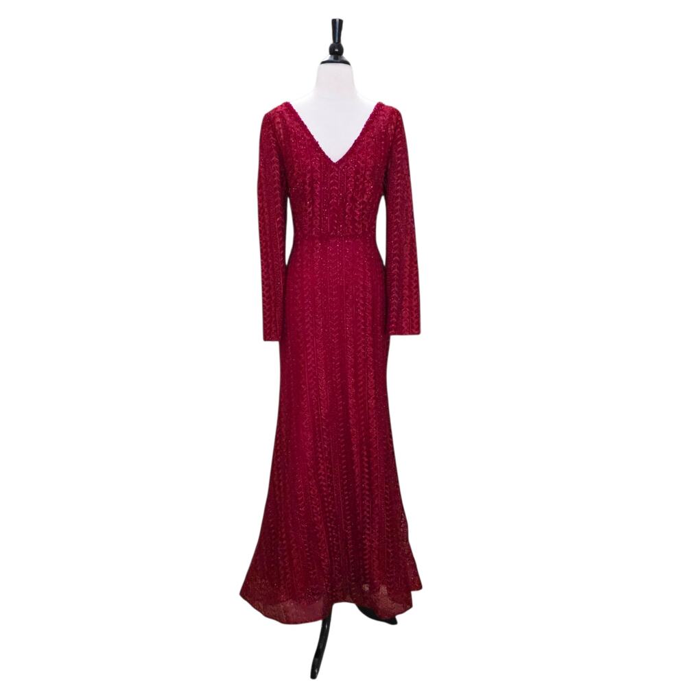 Mac Duggal Dress 12 Burgundy Red Formal 20271 Embellished Long Sleeve Gown - Picture 12 of 12